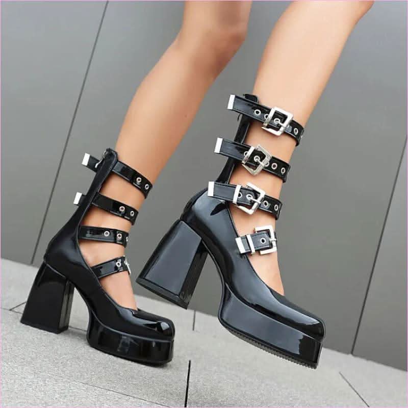 Multi Buckle Chunky High Heel Square Toe Shoes for a Bold Look - Pleasures and Sins