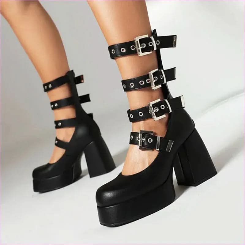 Multi Buckle Chunky High Heel Square Toe Shoes for a Bold Look - Pleasures and Sins