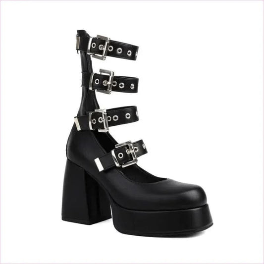Multi Buckle Chunky High Heel Square Toe Shoes for a Bold Look - Pleasures and Sins