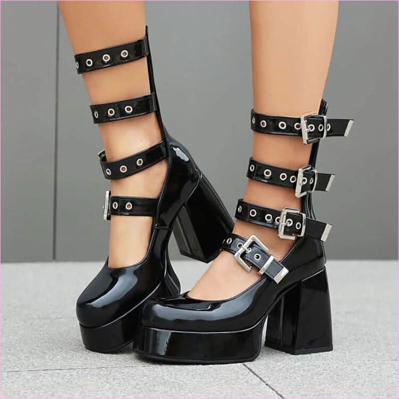 Multi Buckle Chunky High Heel Square Toe Shoes for a Bold Look - Pleasures and Sins