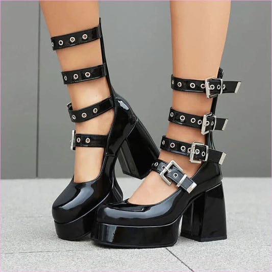 Multi Buckle Chunky High Heel Square Toe Shoes for a Bold Look - Pleasures and Sins