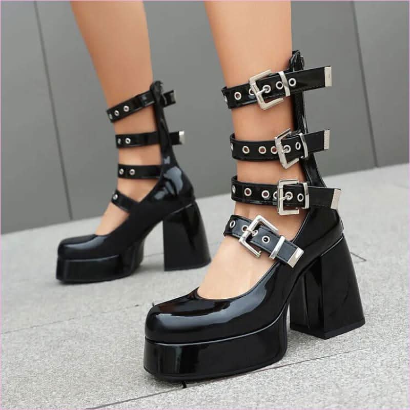 Multi Buckle Chunky High Heel Square Toe Shoes for a Bold Look - Pleasures and Sins