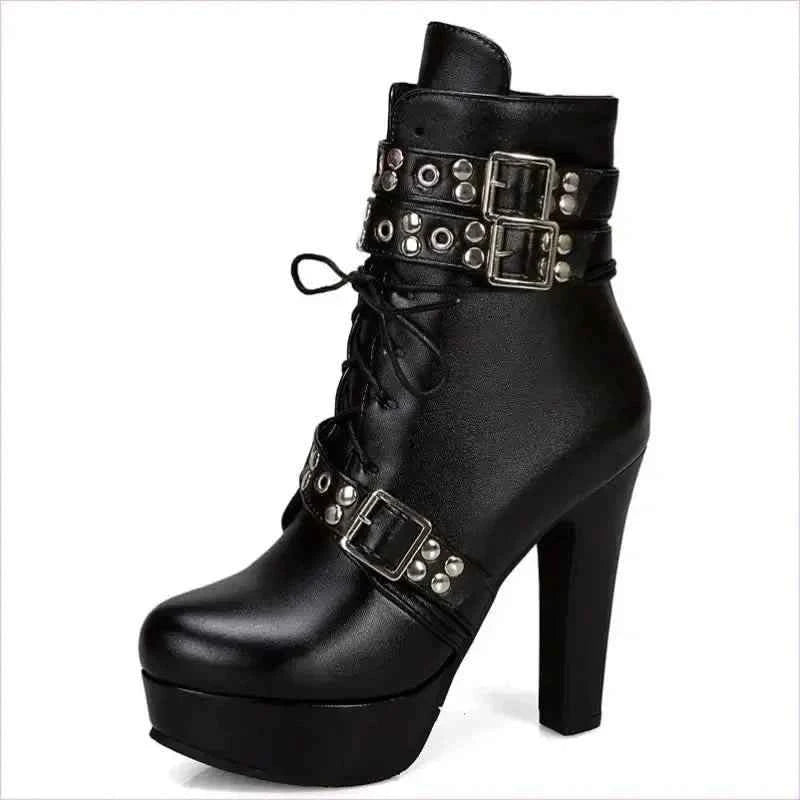 Multi Buckle High Heel Lace Up Ankle Boots in Black Leather - Pleasures and Sins