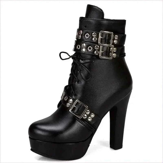 Multi Buckle High Heel Lace Up Ankle Boots in Black Leather - Pleasures and Sins