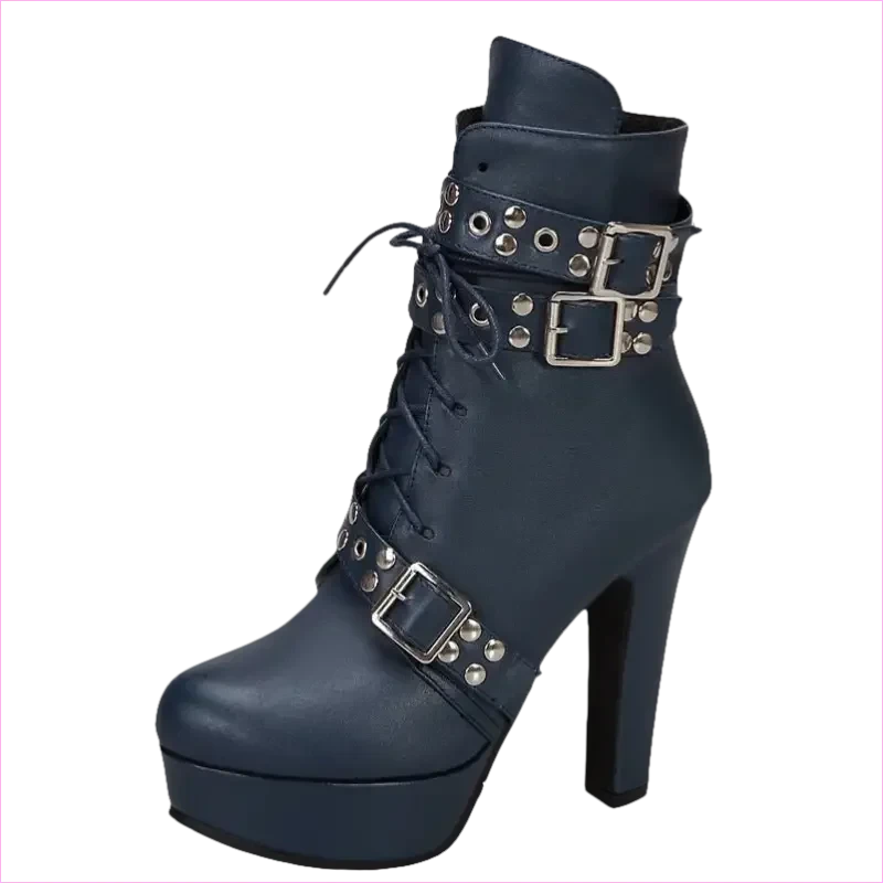 Multi Buckle High Heel Lace Up Ankle Boots in Black Leather - Pleasures and Sins
