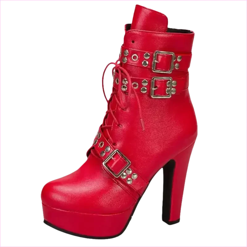 Multi Buckle High Heel Lace Up Ankle Boots in Black Leather - Pleasures and Sins