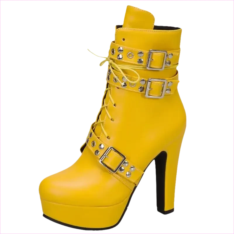 Multi Buckle High Heel Lace Up Ankle Boots in Black Leather - Pleasures and Sins