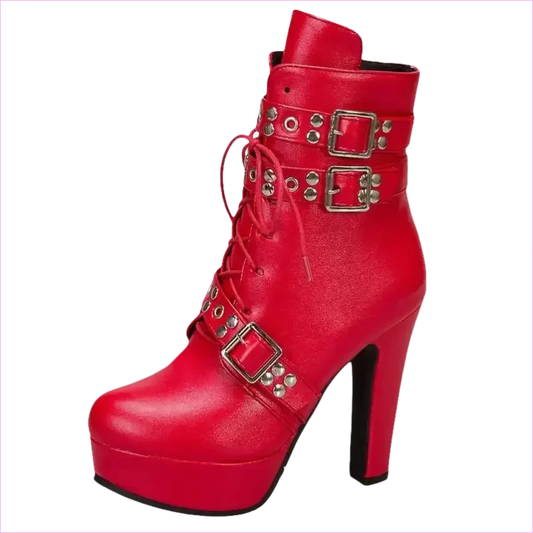 Multi Buckle High Heel Lace Up Ankle Boots in Black Leather - Pleasures and Sins