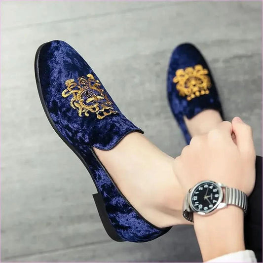 Navy Blue Velour Embroidered Formal Shoes for Men - Pleasures and Sins