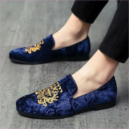 Navy Blue Velour Embroidered Formal Shoes for Men - Pleasures and Sins