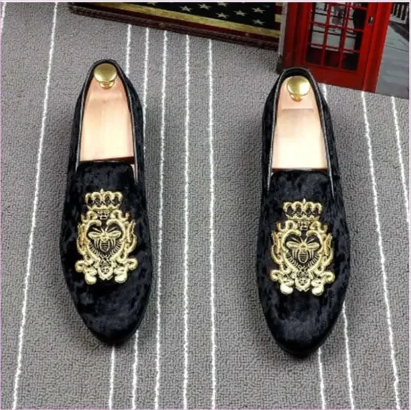 Navy Blue Velour Embroidered Formal Shoes for Men - Pleasures and Sins