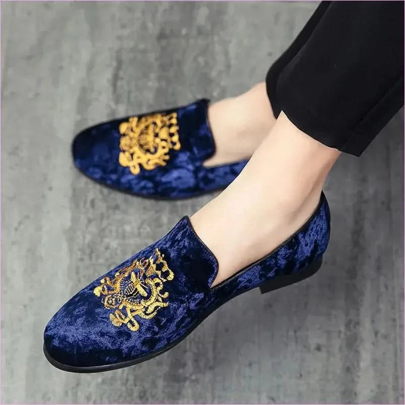 Navy Blue Velour Embroidered Formal Shoes for Men - Pleasures and Sins