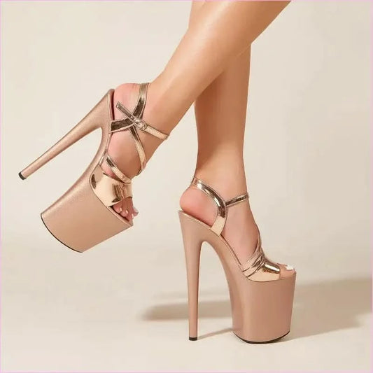 Nude and Gold Strappy High Platform Heel Crossover Shoes - Pleasures and Sins