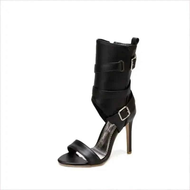 Open Toe Mid Leg Multi Buckle Sandals Drag Heels - Pleasures and Sins