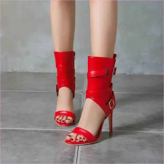 Open Toe Mid Leg Multi Buckle Sandals Drag Heels - Pleasures and Sins
