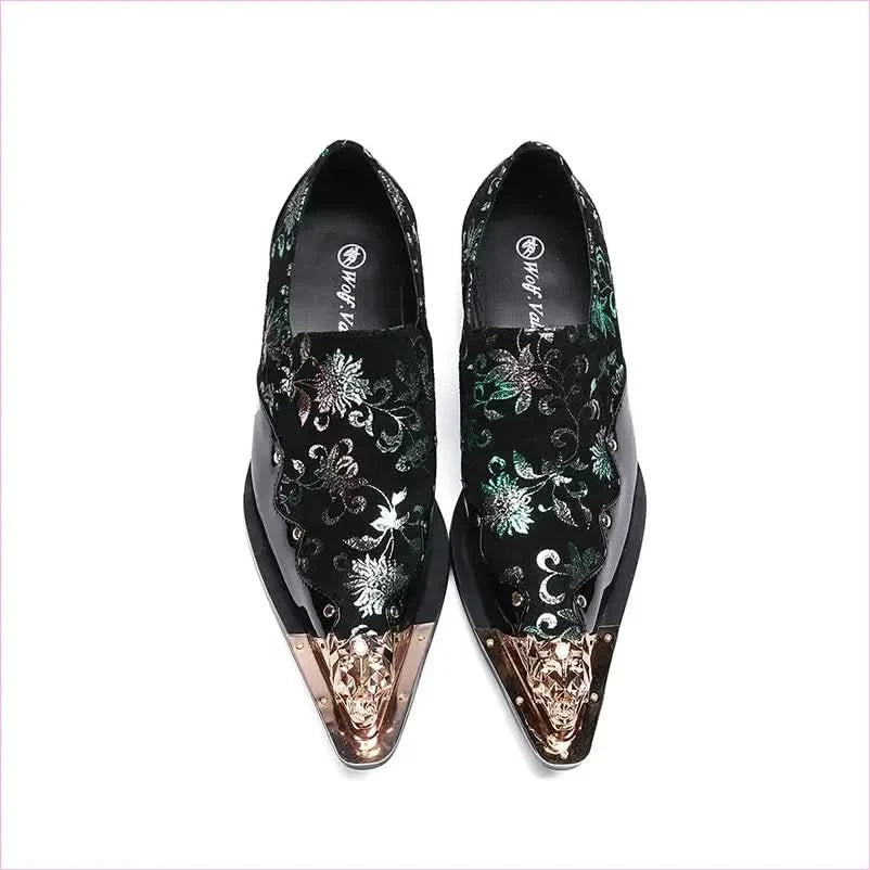 Ornate Black Dress Shoes with Pointed Toe Caps for Trendy Men - Pleasures and Sins
