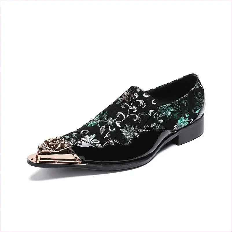 Ornate Black Dress Shoes with Pointed Toe Caps for Trendy Men - Pleasures and Sins