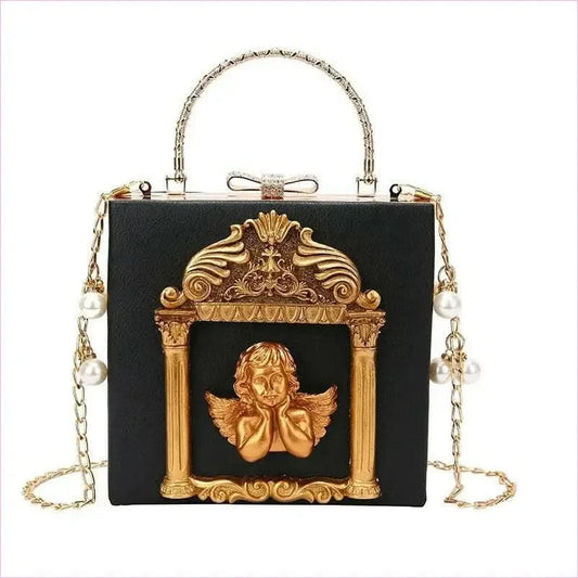 Ornate Black Shoulder Chain Bag with Cherub Detail - Pleasures and Sins