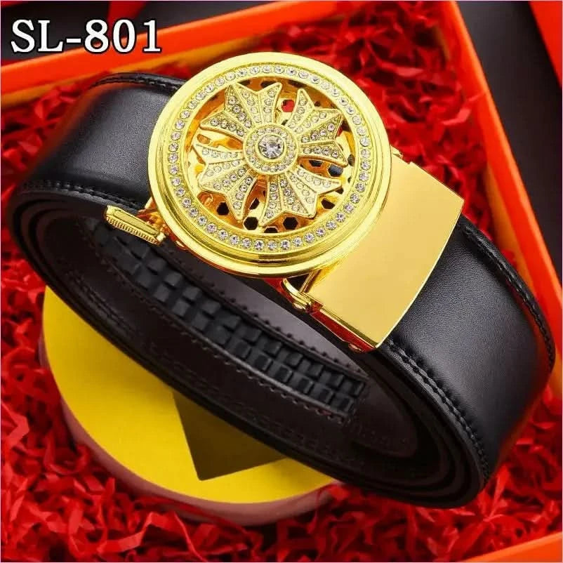 Ornate Gold Floral Belt Buckle on Genuine Leather Automatic Belt - Pleasures and Sins
