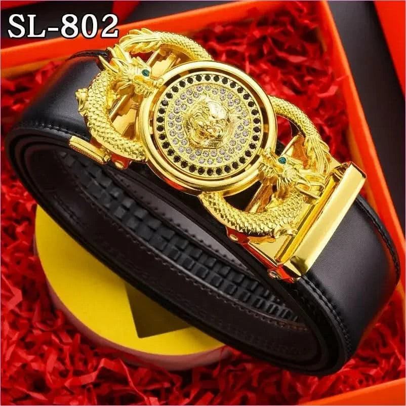 Ornate Gold Floral Belt Buckle on Genuine Leather Automatic Belt - Pleasures and Sins