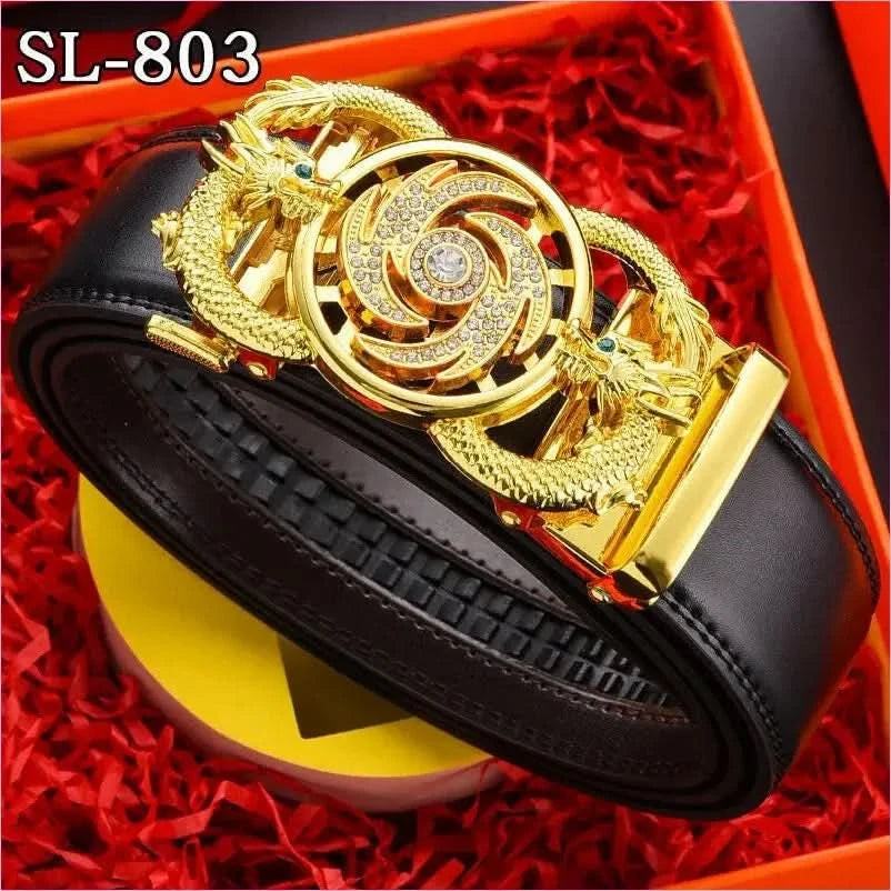 Ornate Gold Floral Belt Buckle on Genuine Leather Automatic Belt - Pleasures and Sins