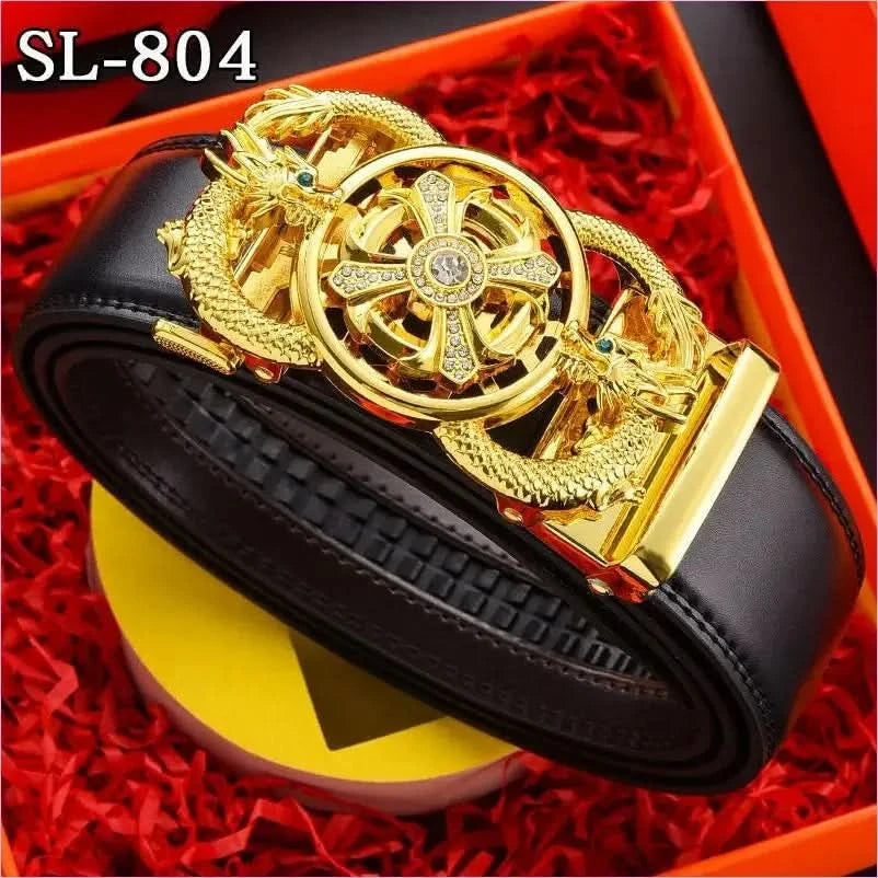 Ornate Gold Floral Belt Buckle on Genuine Leather Automatic Belt - Pleasures and Sins