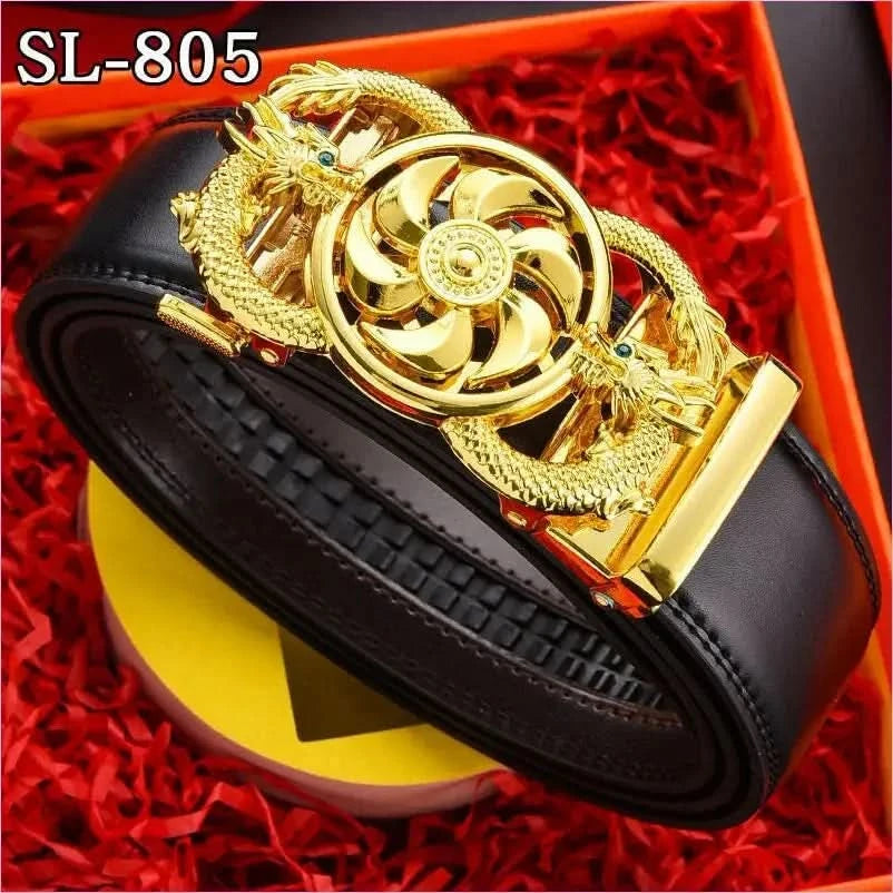 Ornate Gold Floral Belt Buckle on Genuine Leather Automatic Belt - Pleasures and Sins