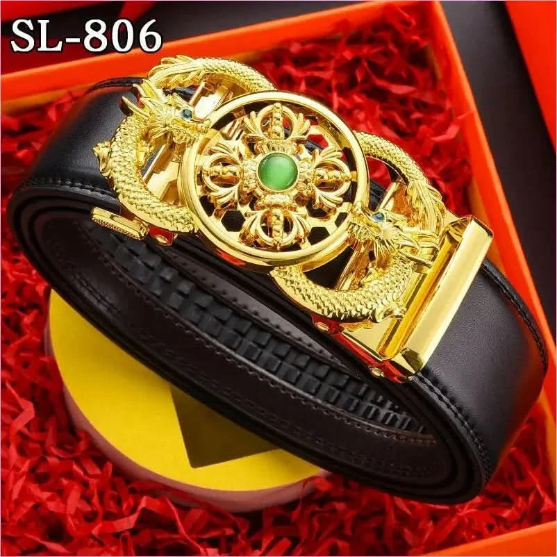 Ornate Gold Floral Belt Buckle on Genuine Leather Automatic Belt - Pleasures and Sins