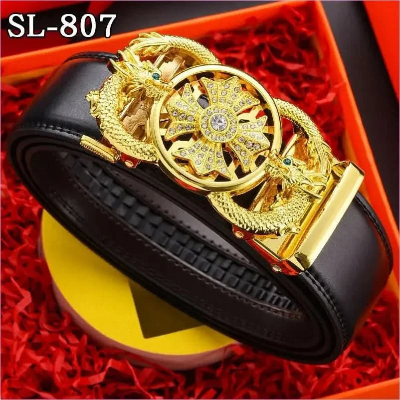 Ornate Gold Floral Belt Buckle on Genuine Leather Automatic Belt - Pleasures and Sins