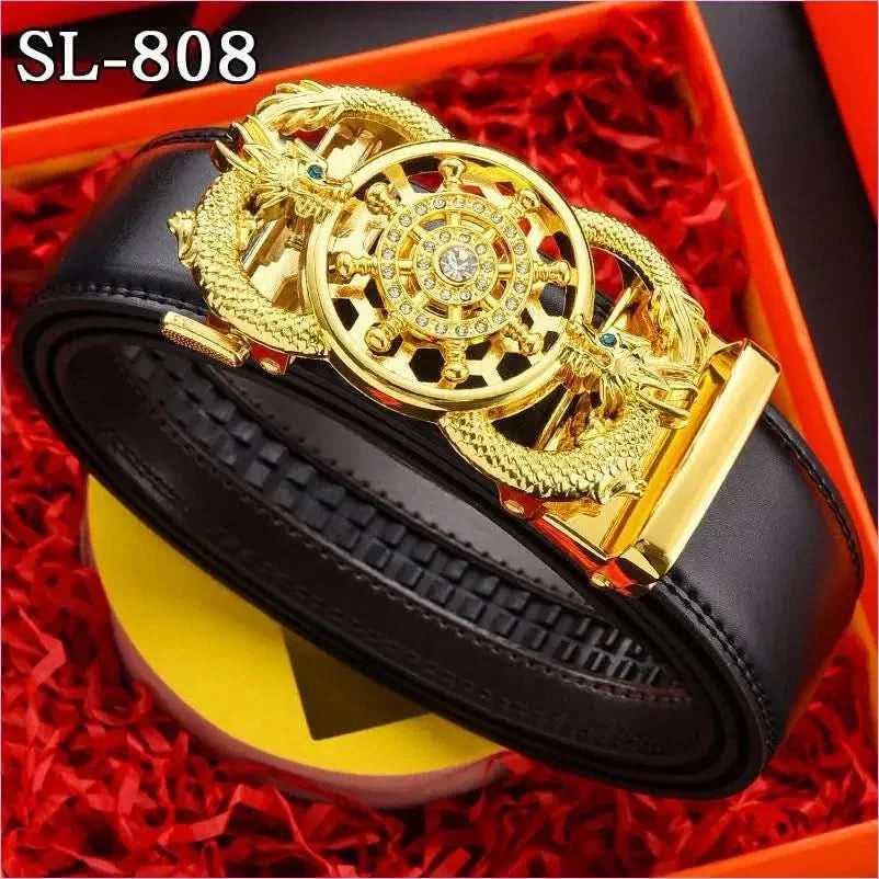 Ornate Gold Floral Belt Buckle on Genuine Leather Automatic Belt - Pleasures and Sins
