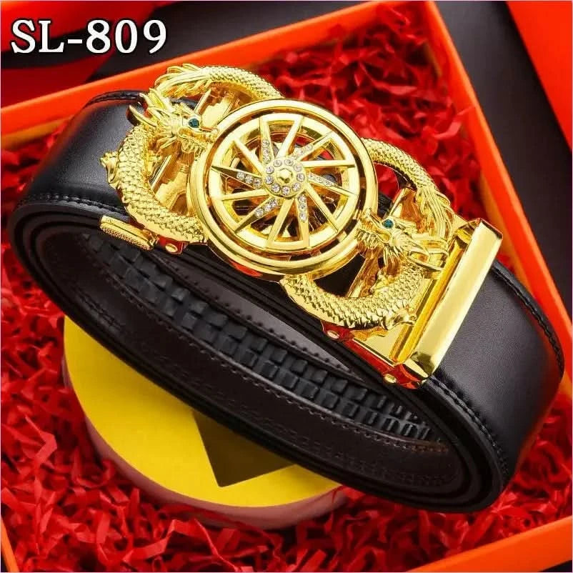 Ornate Gold Floral Belt Buckle on Genuine Leather Automatic Belt - Pleasures and Sins