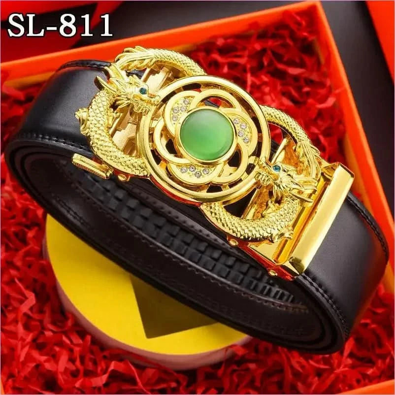 Ornate Gold Floral Belt Buckle on Genuine Leather Automatic Belt - Pleasures and Sins