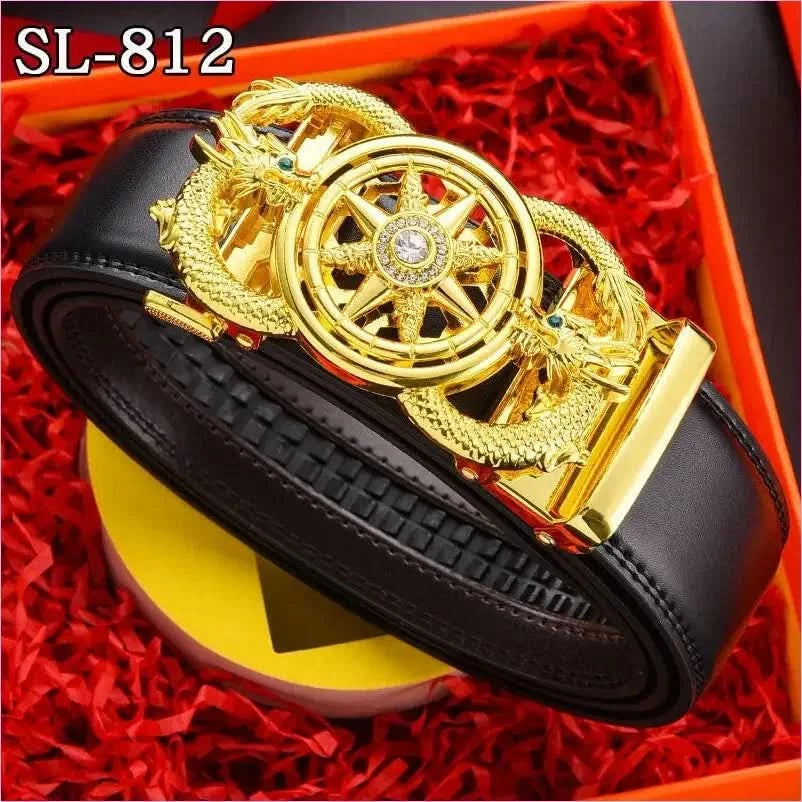 Ornate Gold Floral Belt Buckle on Genuine Leather Automatic Belt - Pleasures and Sins
