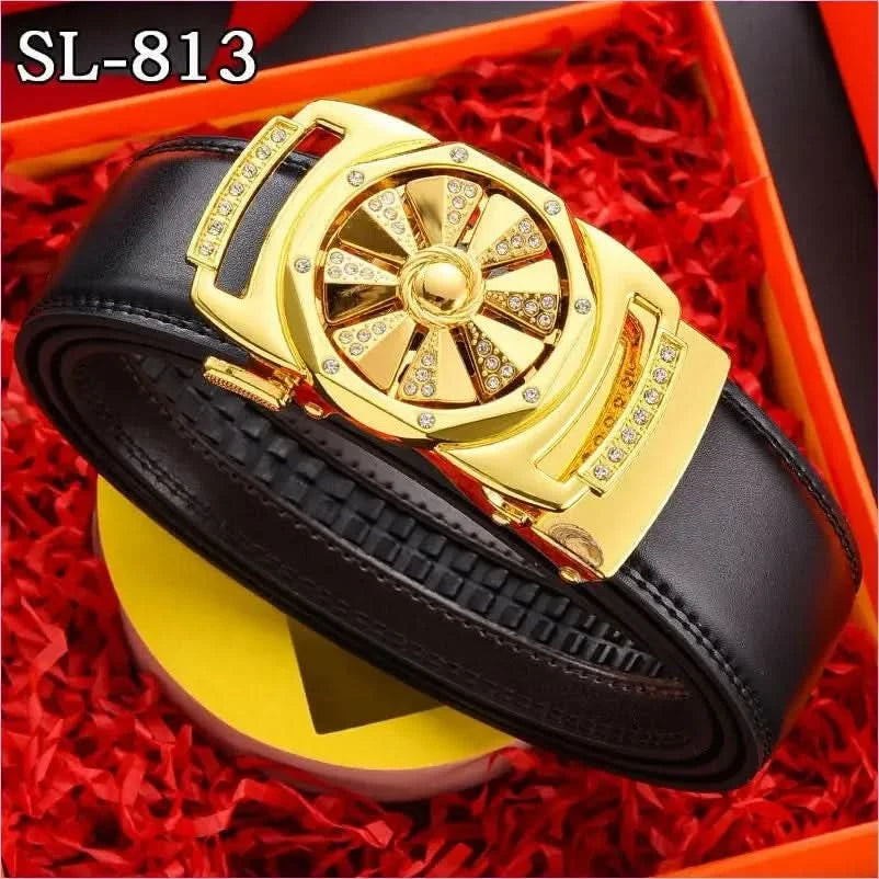 Ornate Gold Floral Belt Buckle on Genuine Leather Automatic Belt - Pleasures and Sins