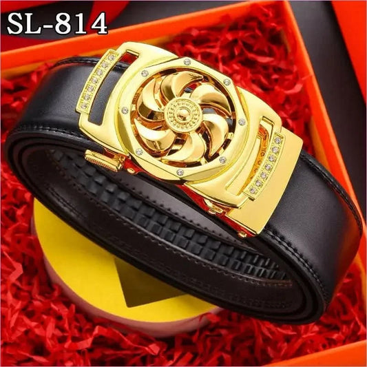 Ornate Gold Floral Belt Buckle on Genuine Leather Automatic Belt - Pleasures and Sins