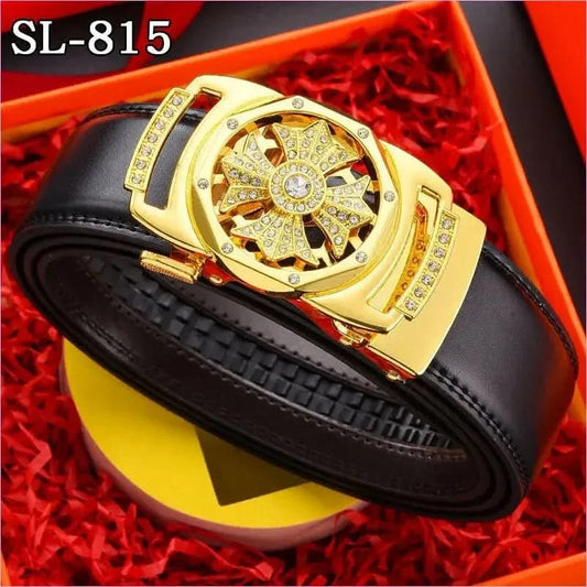 Ornate Gold Floral Belt Buckle on Genuine Leather Automatic Belt - Pleasures and Sins