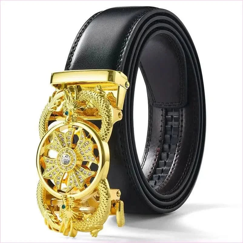 Ornate Gold Floral Belt Buckle on Genuine Leather Automatic Belt - Pleasures and Sins