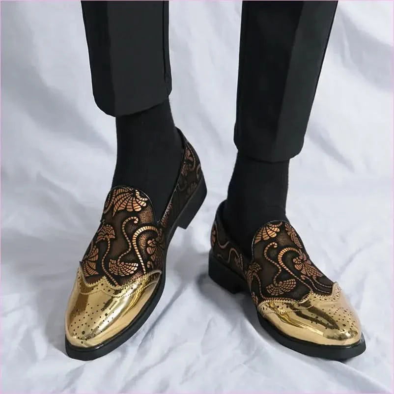Ornate Men’s Formal Shoes with Gold Floral Embroidery - Pleasures and Sins
