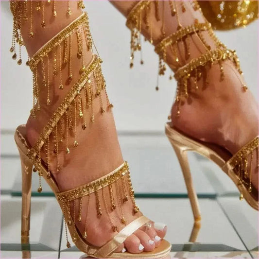 Ornate Roman Style Strappy High Heel Rhinestone Sandals - Pleasures and Sins