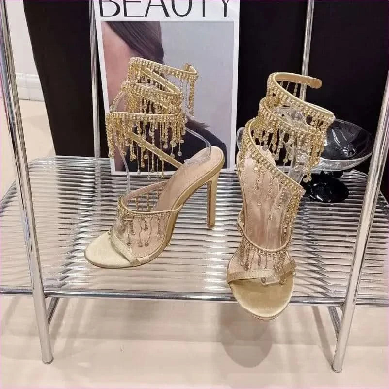 Ornate Roman Style Strappy High Heel Rhinestone Sandals - Pleasures and Sins