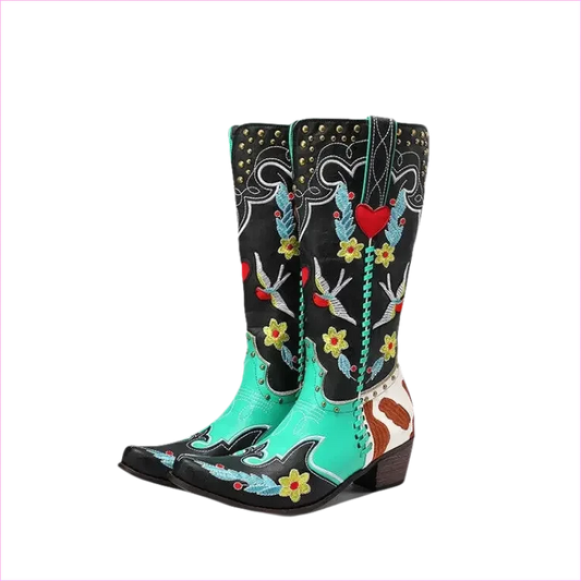 Ornate Turquoise and Black Women’s Western Boots with Exquisite Embroidery - Pleasures and Sins