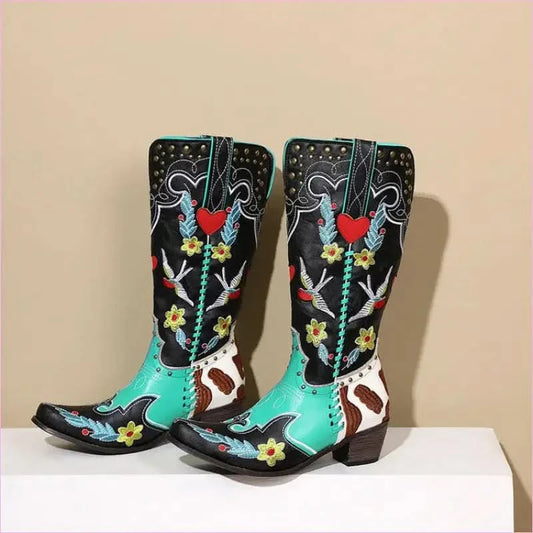 Ornate Turquoise and Black Women’s Western Boots with Exquisite Embroidery - Pleasures and Sins