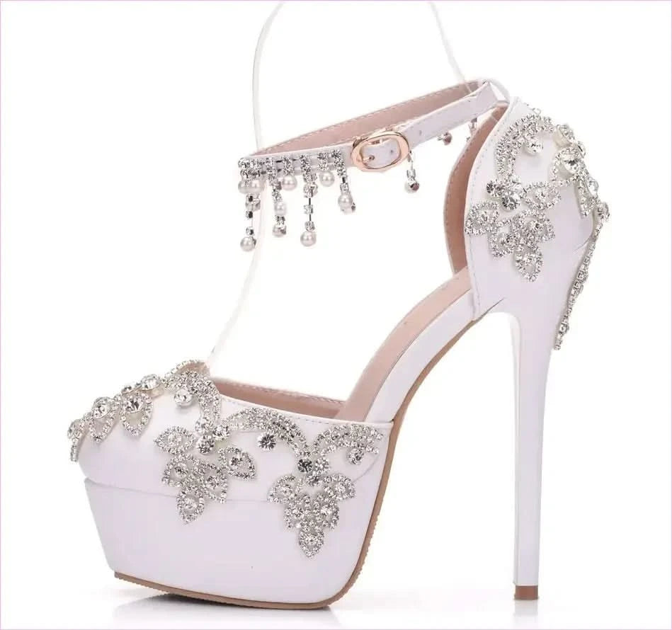 Ornate White Rhinestone Wedding Shoes with Ankle Strap - Pleasures and Sins