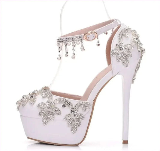 Ornate White Rhinestone Wedding Shoes with Ankle Strap - Pleasures and Sins