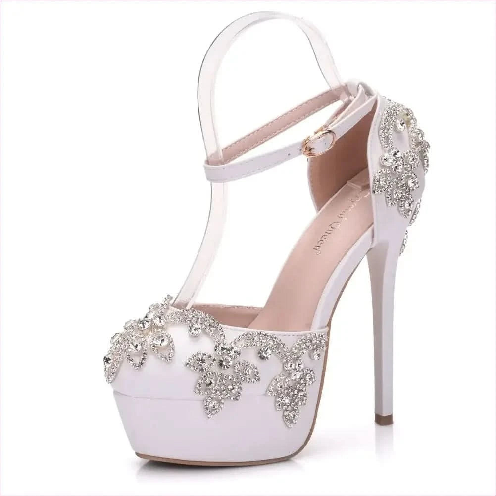 Ornate White Rhinestone Wedding Shoes with Ankle Strap - Pleasures and Sins