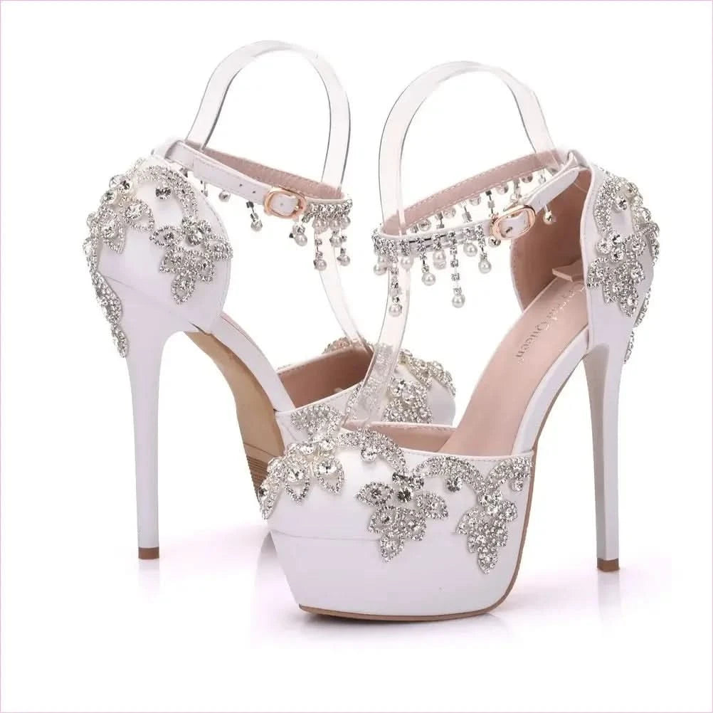 Ornate White Rhinestone Wedding Shoes with Ankle Strap - Pleasures and Sins