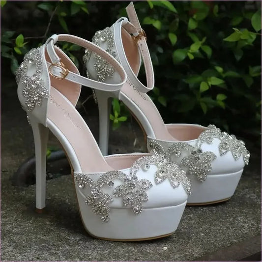 Ornate White Rhinestone Wedding Shoes with Ankle Strap - Pleasures and Sins