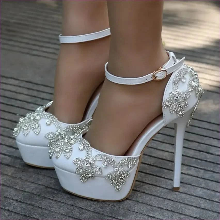 Ornate White Rhinestone Wedding Shoes with Ankle Strap - Pleasures and Sins