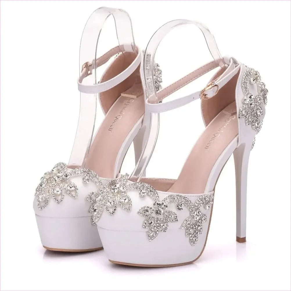 Ornate White Rhinestone Wedding Shoes with Ankle Strap - Pleasures and Sins