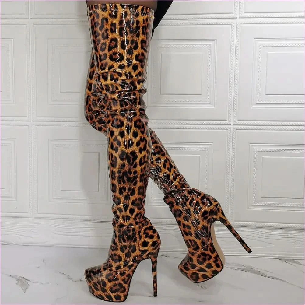 Patent Leopard Print Thigh High Platform Stiletto Boots - Pleasures and Sins